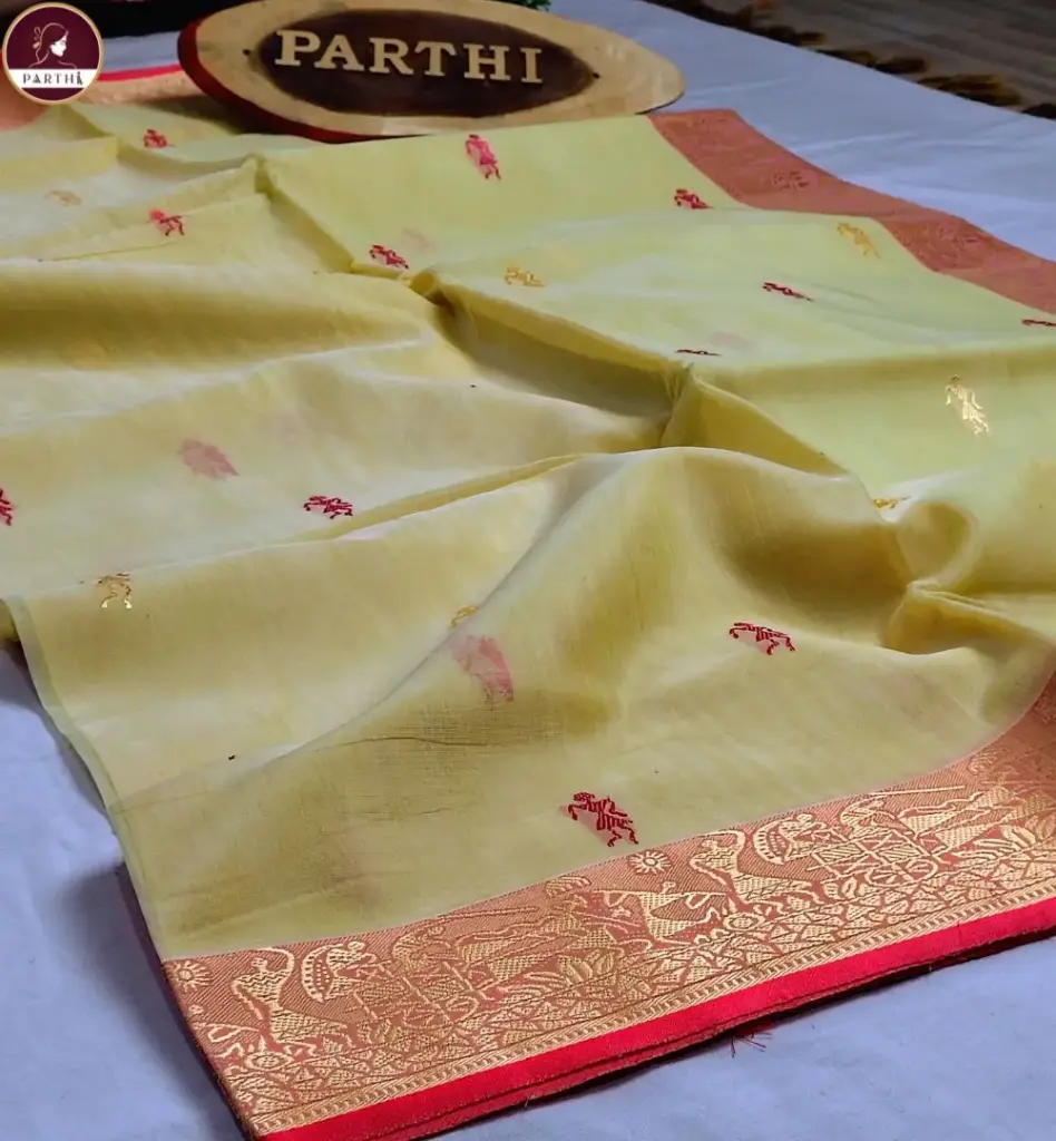 Vibrant Yellow Dual Tone Kanchipuram Silk Saree with Zari Border & Baluchari Motif | Blouse Piece Attached