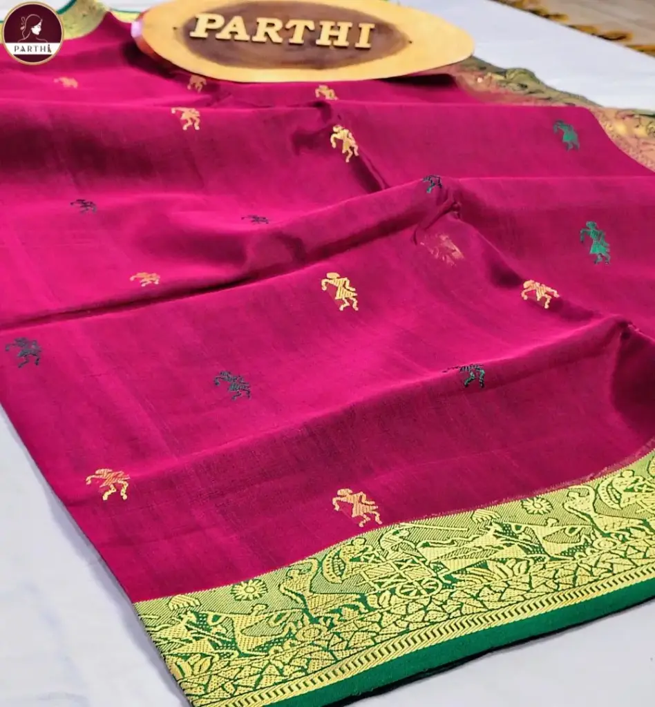 Vibrant Maroon Dual Tone Kanchipuram Silk Saree with Zari Border & Baluchari Motif | Blouse Piece Attached