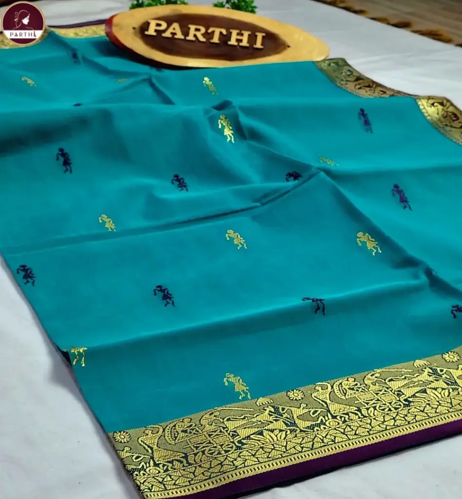 Vibrant Sky Blue Dual Tone Kanchipuram Silk Saree with Zari Border & Baluchari Motif | Blouse Piece Attached