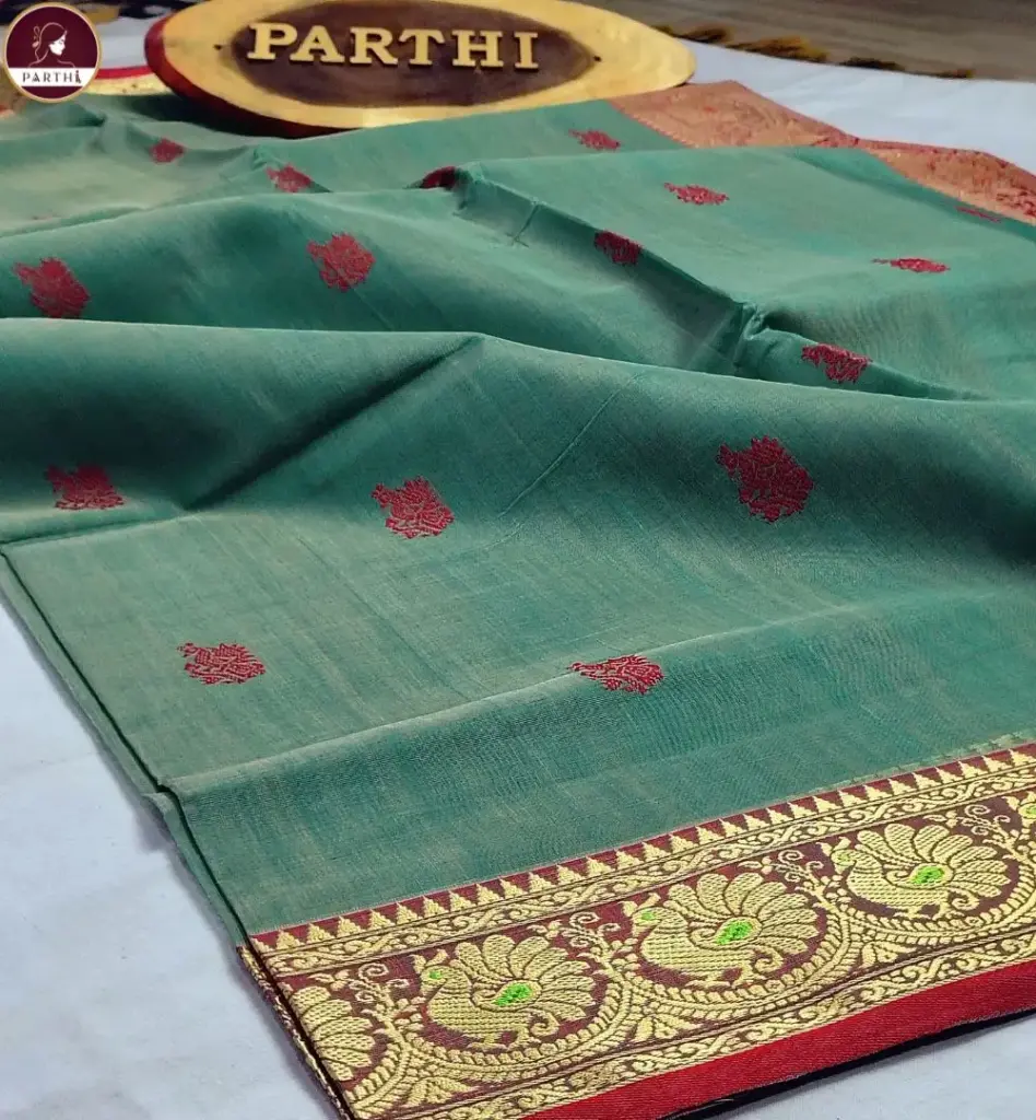 Green Dual Tone Kanchipuram Silk Saree with Zari Border & Baluchari Motif | Blouse Piece Attached