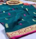 Deep Green Dual Tone Kanchipuram Silk Saree with Zari Border & Baluchari Motif | Blouse Piece Attached