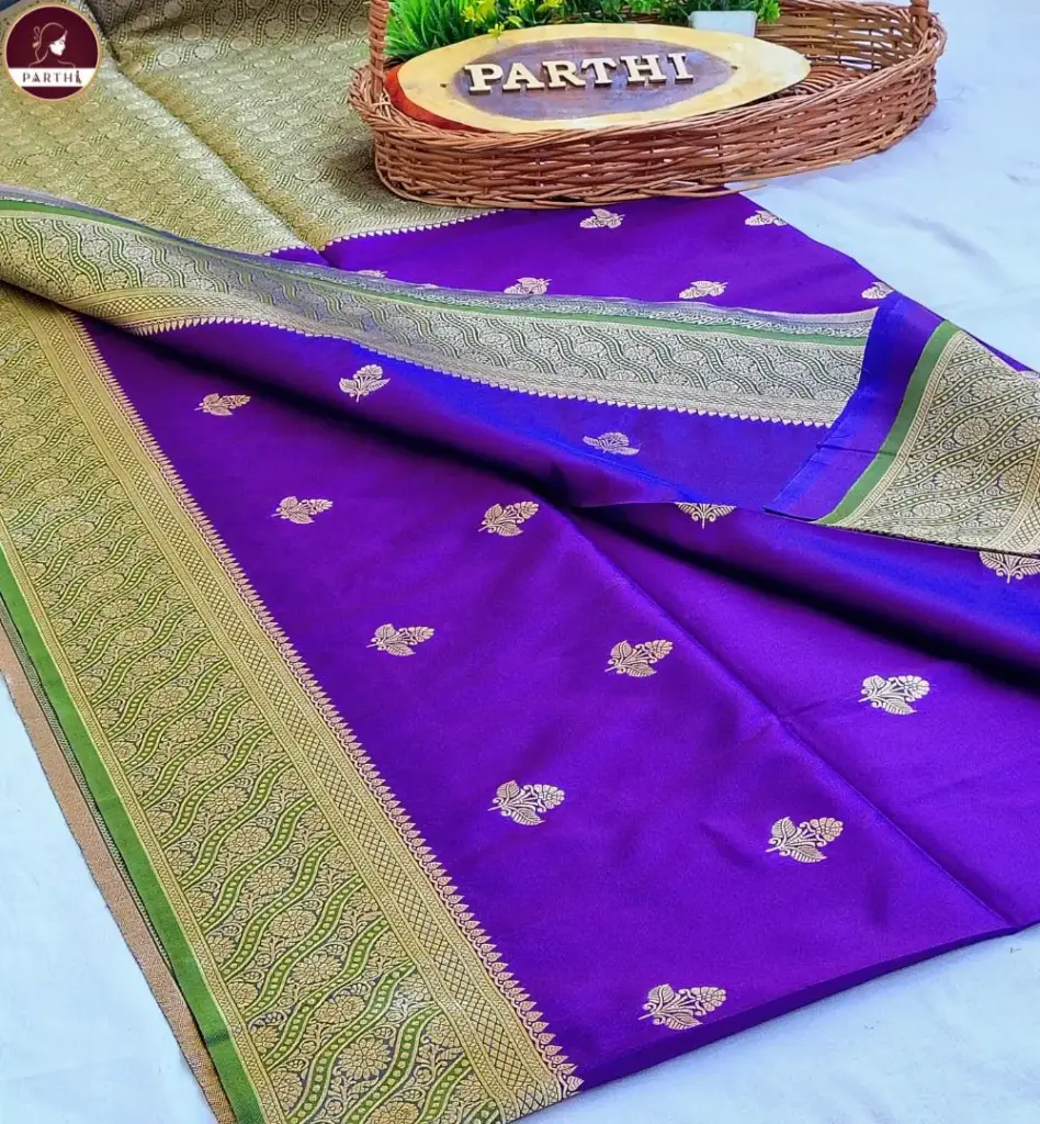 Purple Katan Banarasi Silk Saree with Zari Border & Contrast Blouse Piece | Premium Ethnic Wear