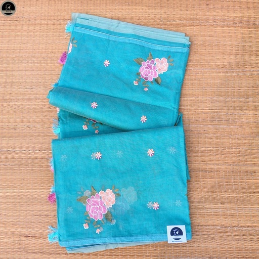[E-COM-CK-008] Sea Green Kota Saree with Embroidery Work,  Unstitched Blouse Piece, Perfect For Summer, Daily Wear Saree