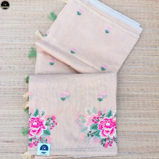 [E-COM-CK-009] Peach Colour Saree with Embroidery Work,  Unstitched Blouse Piece, Perfect For Summer, Daily Wear Saree