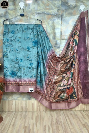 Green Bapta Silk Saree with Beautiful Sculpture Design in Pallu, Beautiful Printed Body with Unstitched Blouse Piece