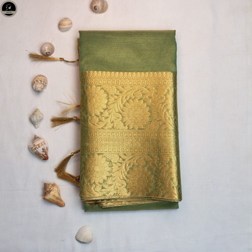 Tissue Silk Saree, Green Colour Body with Red Red Dual Tone, Silver Zari Border for Ocassional Wear, Unstitched Blouse