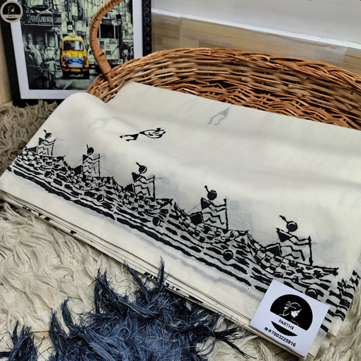 Warli Ready to Wear, Pure Cotton White Saree  with Block Print for Women