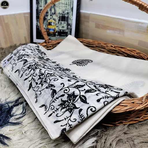 Flower Print, Ready to Wear, Pure Cotton White Saree with Block Print for Women
