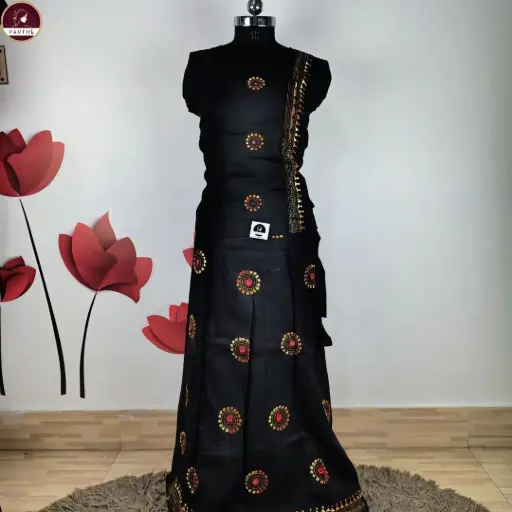 Black Cotton Kantha Stitch Mirror Work Co-ord Set for Women (Top & Wrapper Skirt, With Sleeves Attached)