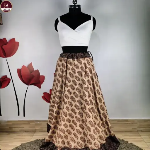 Beige Ajrakh Print Pure Cotton Long Skirt for Women – 45 Inch Full Length, Tie-Up Waist