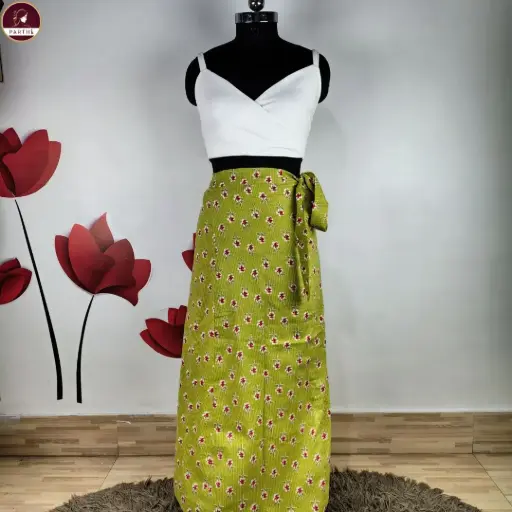 Green Floral Cotton Long Wrap Skirt with Side Tie – Casual & Ethnic Wear For Women