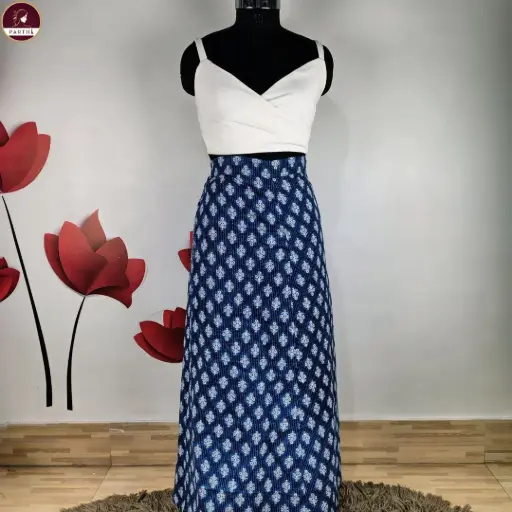 Indigo Cotton Kantha Stitch Printed Wrap Skirt with Tie-Up Waist-Boho Ethnic Long Skirt for Women