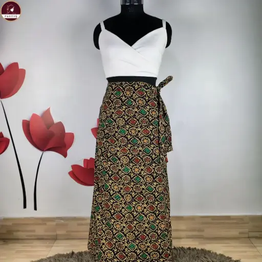 Black Pure Cotton Abstract Printed Long Wrap Skirt for Women- Adjustable Tie Up Waist