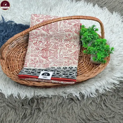 Pure Cotton Hand Block Print Saree – Red Aquatic Motif with Black Border 