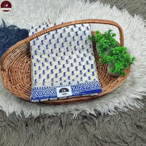 Pure Cotton Hand Block Print Saree – Blue Abstract Motif with Designer Border 