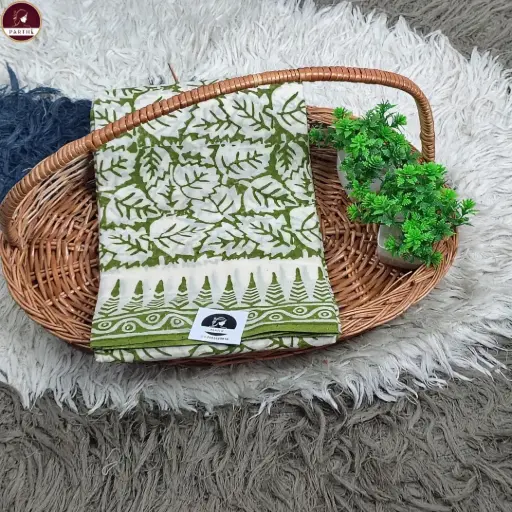Pure Cotton Hand Block Print Saree – Green Leaf Motif with Designer Border