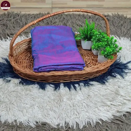 Blue & Pink Dual-Tone Cotton Blend Saree with Pink Pallu & Copper Zari Border with Attached Blouse Piece
