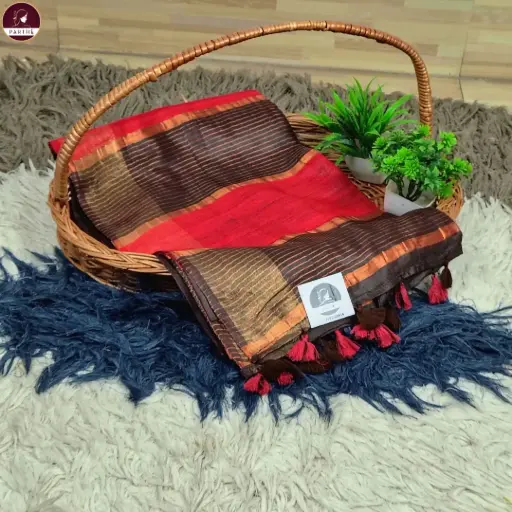 Handwoven Charcoal Body Bapta Silk Saree with Chocolate Ghicha Pallu & Soft Copper Zari Border – Elegant Light Body Weave