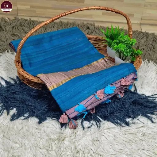 Handwoven Dusty Mauve Body Bapta Silk Saree with Blue Ghicha Pallu & Soft Copper Zari Border – Elegant Light Body Weave