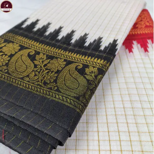 [E-COM GC-008] Pure Cotton Checked White Ghatchula Saree with Red & Black Ganga-Jamuna Dual Borders For Women – Perfect for Durga Puja