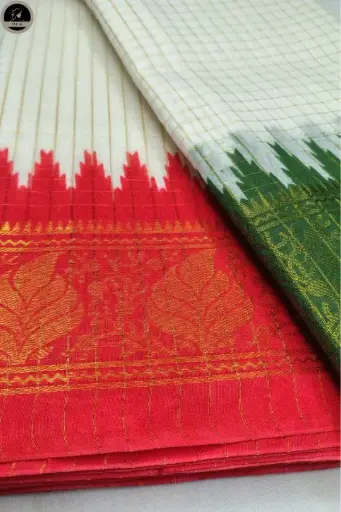 [E-COM GC-027] Pure Cotton Checked White Ghatchula Saree with Red & Green Ganga-Jamuna Dual Borders For Women – Perfect for Durga Puja