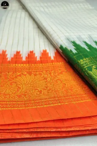 [E-COM GC-031] Pure Cotton White Ghatchula Saree with Green-Orange Ganga-Jamuna Borders With Zari Work For Women – Durga Puja Special 