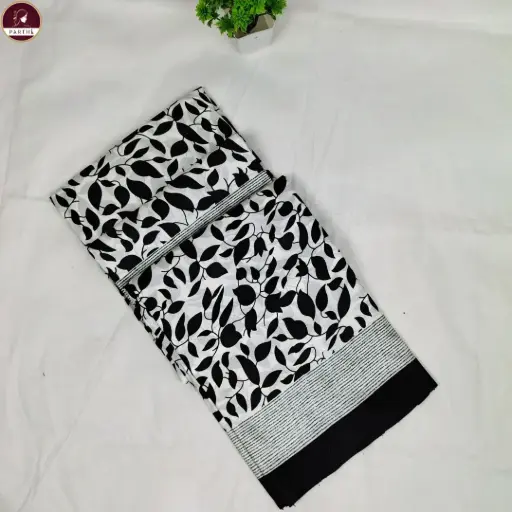 [E-COM RS-013] Replica Silk Black & White Leaf Pattern Saree For Women – Elegant Botanical Drapes 