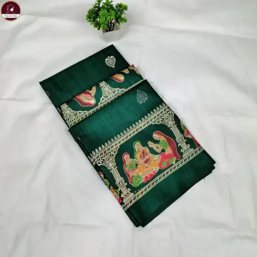 [E-COM-RS-009] Replica Silk Green Saree with Tribal Miniature Motif For Women – Ethnic & Elegant Style 