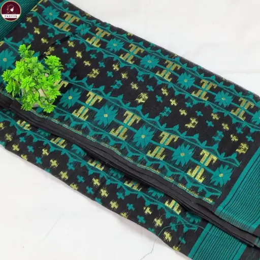 Premium Dhakai Jamdani Saree with Blouse Piece – Black Body with Sea Green Border | Handwoven Traditional Saree