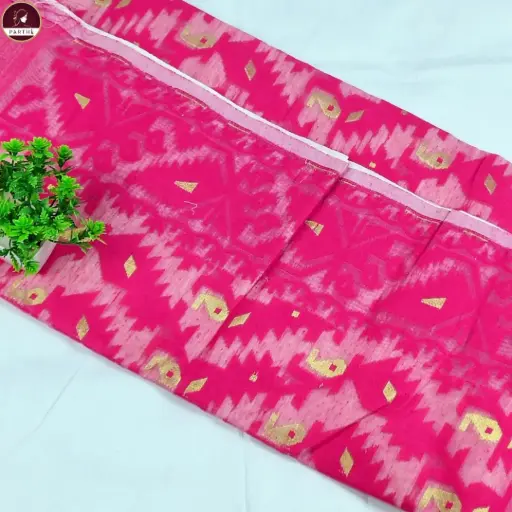 Premium Dhakai Jamdani Saree with Blouse Piece – Cream Body with Pink Border | Handwoven Traditional Saree