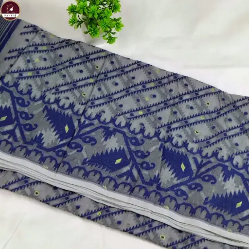 Premium Dhakai Jamdani Saree with Blouse Piece – Grey Body with Blue Border | Handwoven Traditional Saree