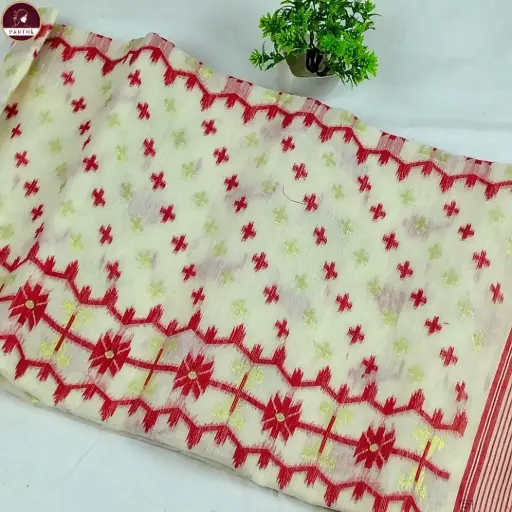 Premium Dhakai Jamdani Saree with Blouse Piece – Cream Body with Red Border | Handwoven Traditional Saree