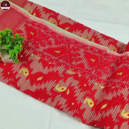 Premium Dhakai Jamdani Saree with Blouse Piece – Green Body with Red Border | Handwoven Traditional Saree