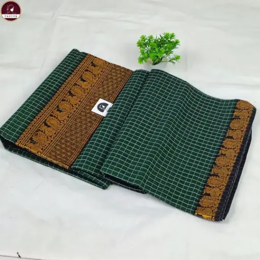 [E-COM GS-023] Pure South Cotton Check Saree with Blouse Piece – Green & Mustard Border | Lightweight Daily & Office Wear Saree