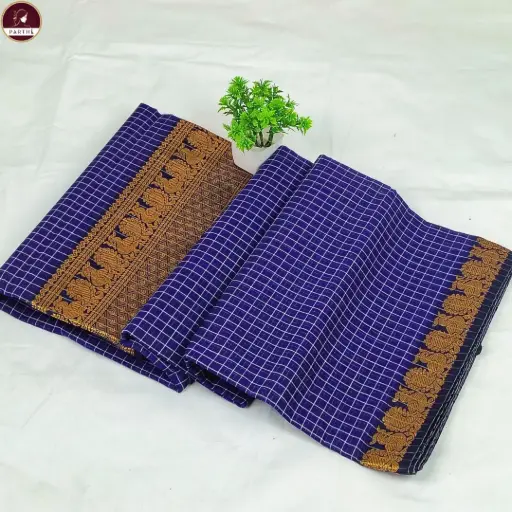 [E-COM GS-022] Pure South Cotton Check Saree with Blouse Piece – Blue & Zari Border | Lightweight Daily & Office Wear Saree