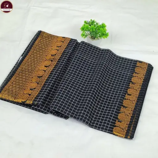 [E-COM GS-024] Pure South Cotton Check Saree with Blouse Piece – Black & Mustard Border | Elegant Daily & Office Wear Cotton Saree