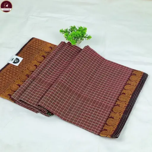 [E-COM GS-020] Pure South Cotton Check Saree with Blouse Piece – Maroon & Mustard Border | Lightweight Daily & Office Wear Saree
