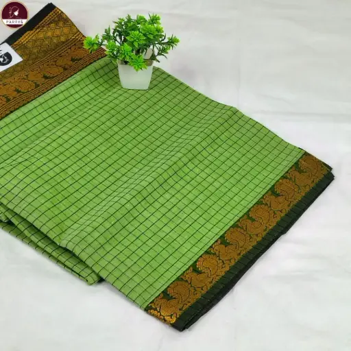 [E-COM GS-021] Pure South Cotton Check Saree with Blouse Piece – Green & Mustard Border | Daily Wear & Office Wear Cotton Saree
