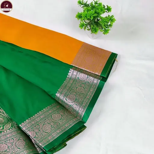 [E-COM GS-035] Kakinara Silk Saree with Green Zari Border & Attached Blouse Piece – Yellow & Green Traditional Saree for Festive & Wedding Wear