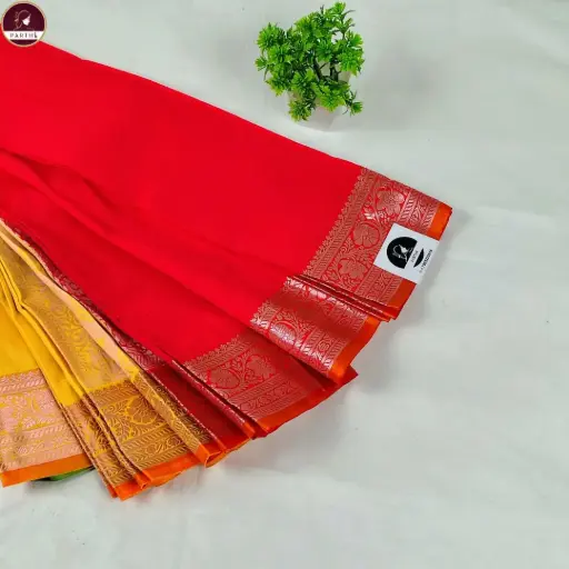 [E-COM GS-037] Kakinara Silk Saree with Red Zari Border & Attached Blouse Piece – Yellow & Red Traditional Saree for Wedding & Festive Wear