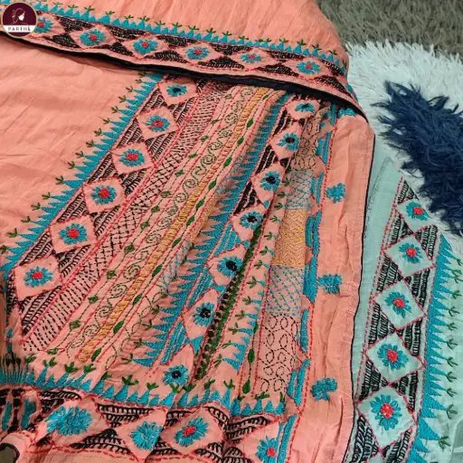 [E-COM DEMO-002] Dual Tone Semi Tussar Silk Embroidery Saree with Blouse Piece – Orange & Green | Elegant Handcrafted Thread Work Saree by Parthi