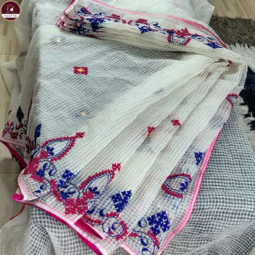 [E-COM DEMO-005] White Premium Kota Cotton Saree with Small Mirror Work & Simple Embroidered Border | Lightweight Summer Saree with Blouse Piece by Parthi