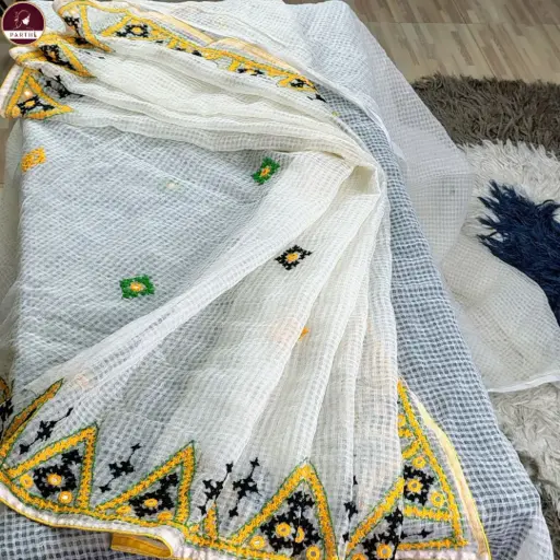 [E-COM DEMO-004] White Premium Kota Cotton Saree with Yellow & Black Gujarati Handwork Border and Mirror Work | Elegant Summer Saree with Blouse Piece by Parthi
