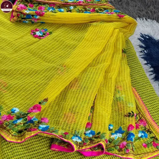 [E-COM DEMO-007] Yellow Kota Doria Embroidery Saree with Blouse Piece – Handcrafted Floral Work, Lightweight Festive Wear Saree by Parthi