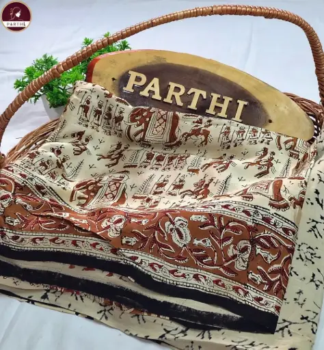Kalamkari Modal Silk Saree with Blouse Piece – Cream-brown, Vegetable Dyed