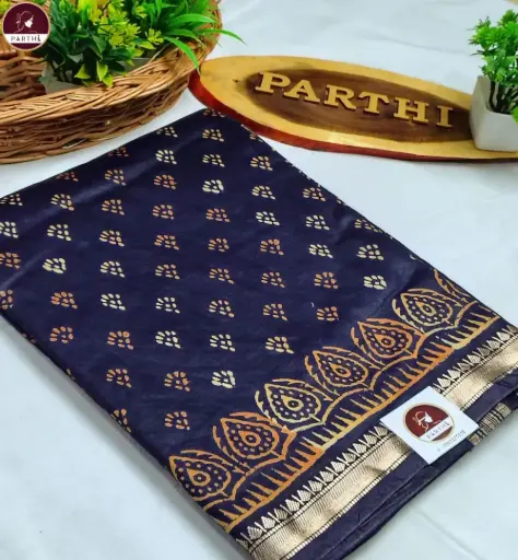 Blue Bapta Silk Saree with Block Print & Attached Blouse Piece | Premium Handcrafted Ethnic Saree