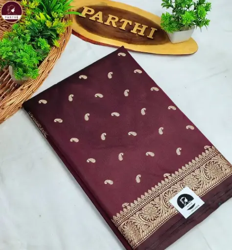 Maroon Resham Katan Silk Saree with All Over Resham Thread Work & Attached Blouse Piece | Premium Handwoven Ethnic Saree